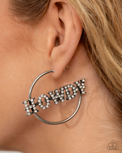 Howdy Hoedown - White Rhinestone "HOWDY" Silver Hoop Earrings - February 2025  Life of the Party Exclusive - Paparazzi Accessories