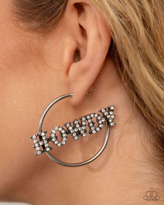 Howdy Hoedown - White Rhinestone "HOWDY" Silver Hoop Earrings - February 2025  Life of the Party Exclusive - Paparazzi Accessories