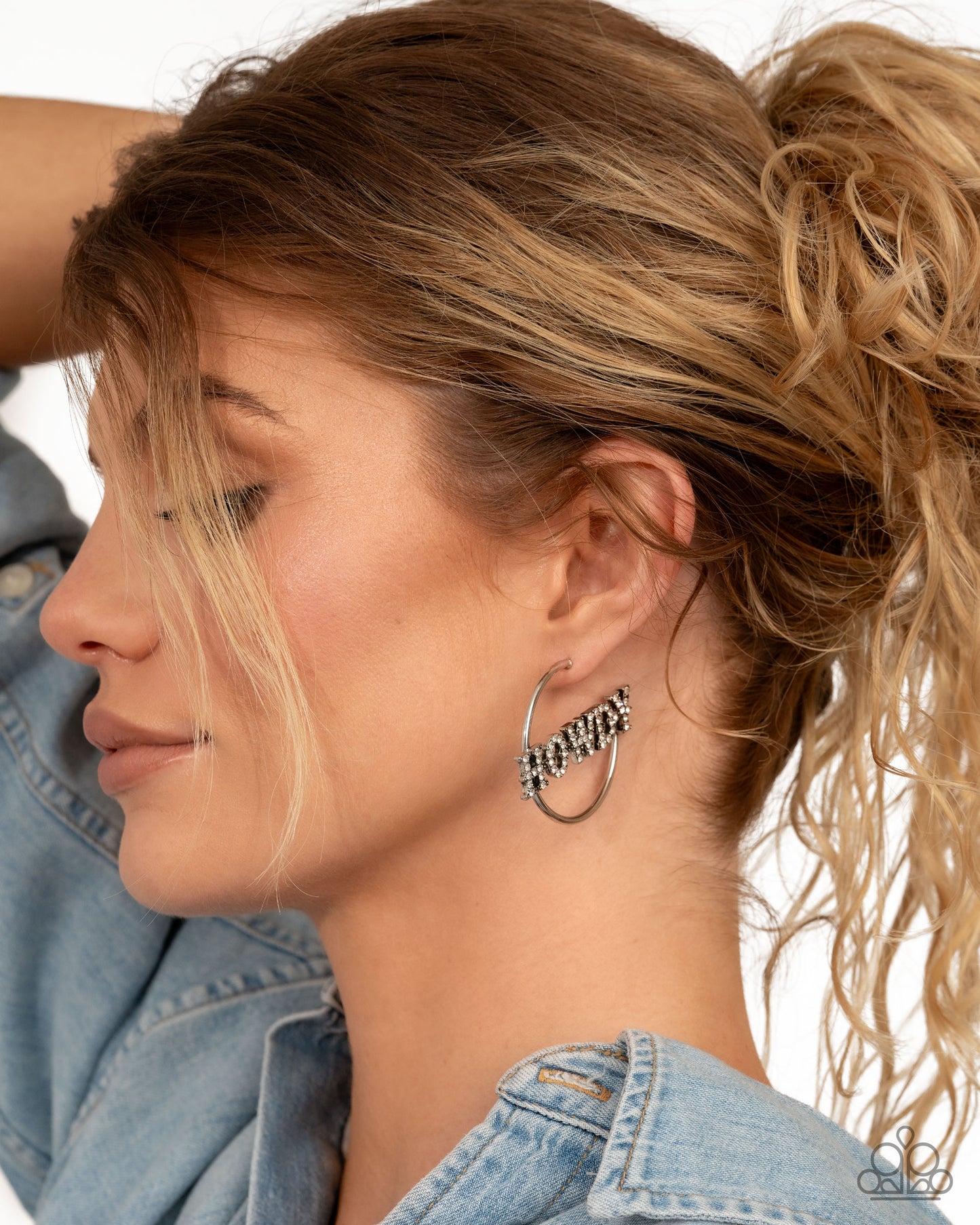 Howdy Hoedown - White Rhinestone "HOWDY" Silver Hoop Earrings - February 2025  Life of the Party Exclusive - Paparazzi Accessories