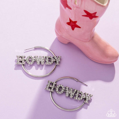 Howdy Hoedown - White Rhinestone "HOWDY" Silver Hoop Earrings - February 2025  Life of the Party Exclusive - Paparazzi Accessories