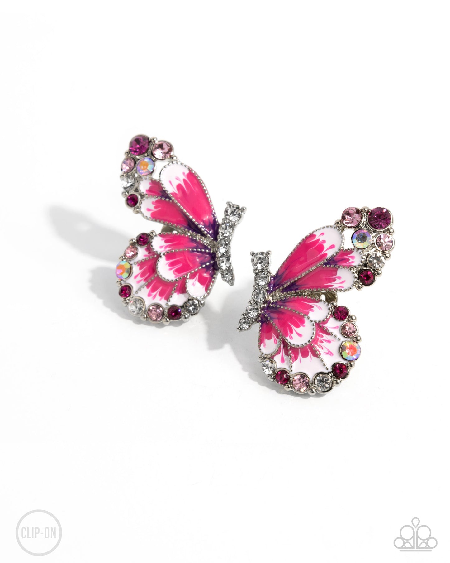 Decadent Descent - Pink Enamel Silver Butterfly Clip-on Earrings - Paparazzi Accessories