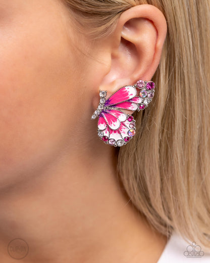 Decadent Descent - Pink Enamel Silver Butterfly Clip-on Earrings - Paparazzi Accessories