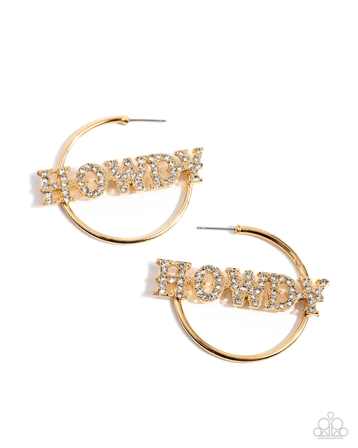 Howdy Hoedown - Gold White Rhinestone "HOWDY" Hoop Earrings - Paparazzi Accessories