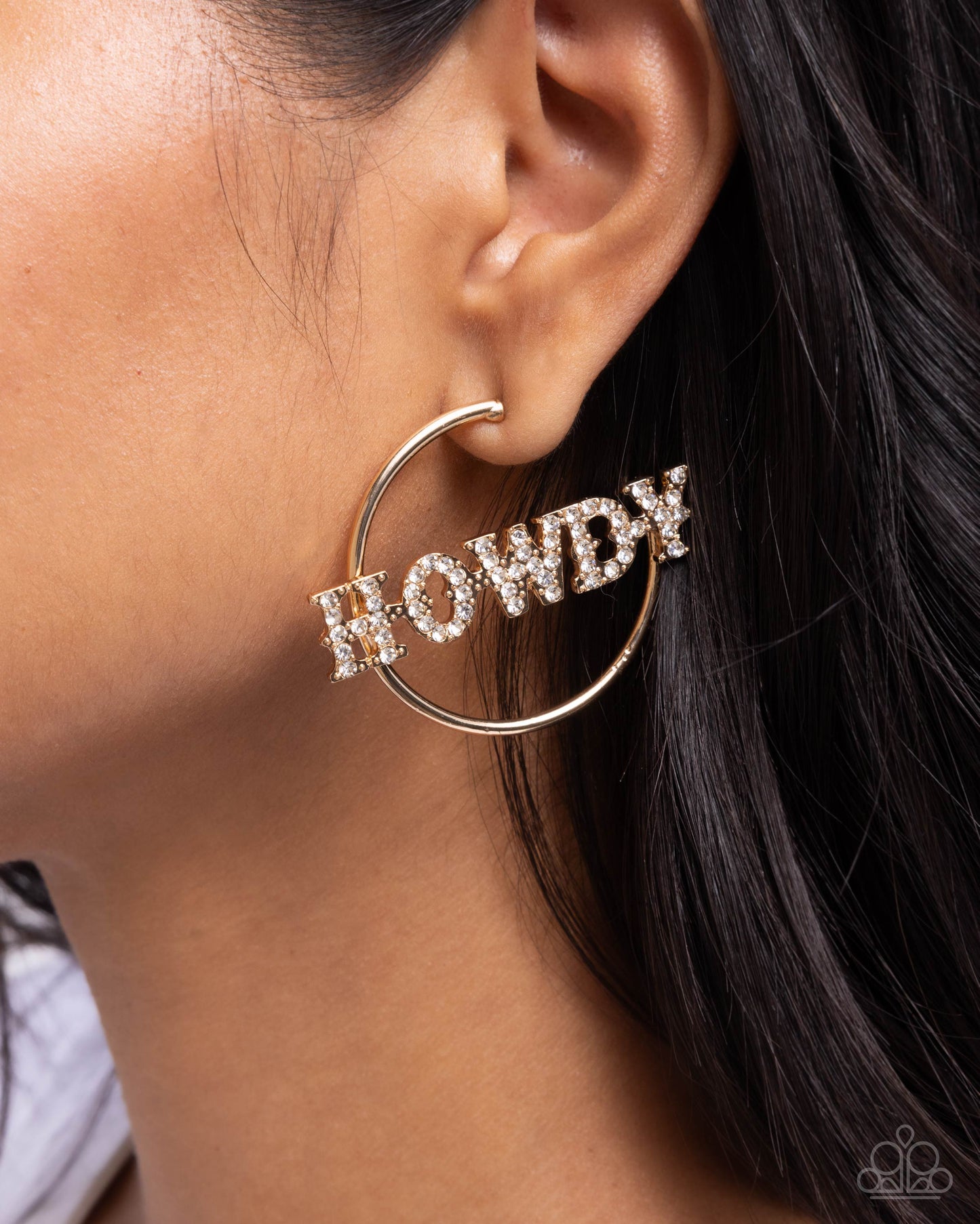 Howdy Hoedown - Gold White Rhinestone "HOWDY" Hoop Earrings - Paparazzi Accessories