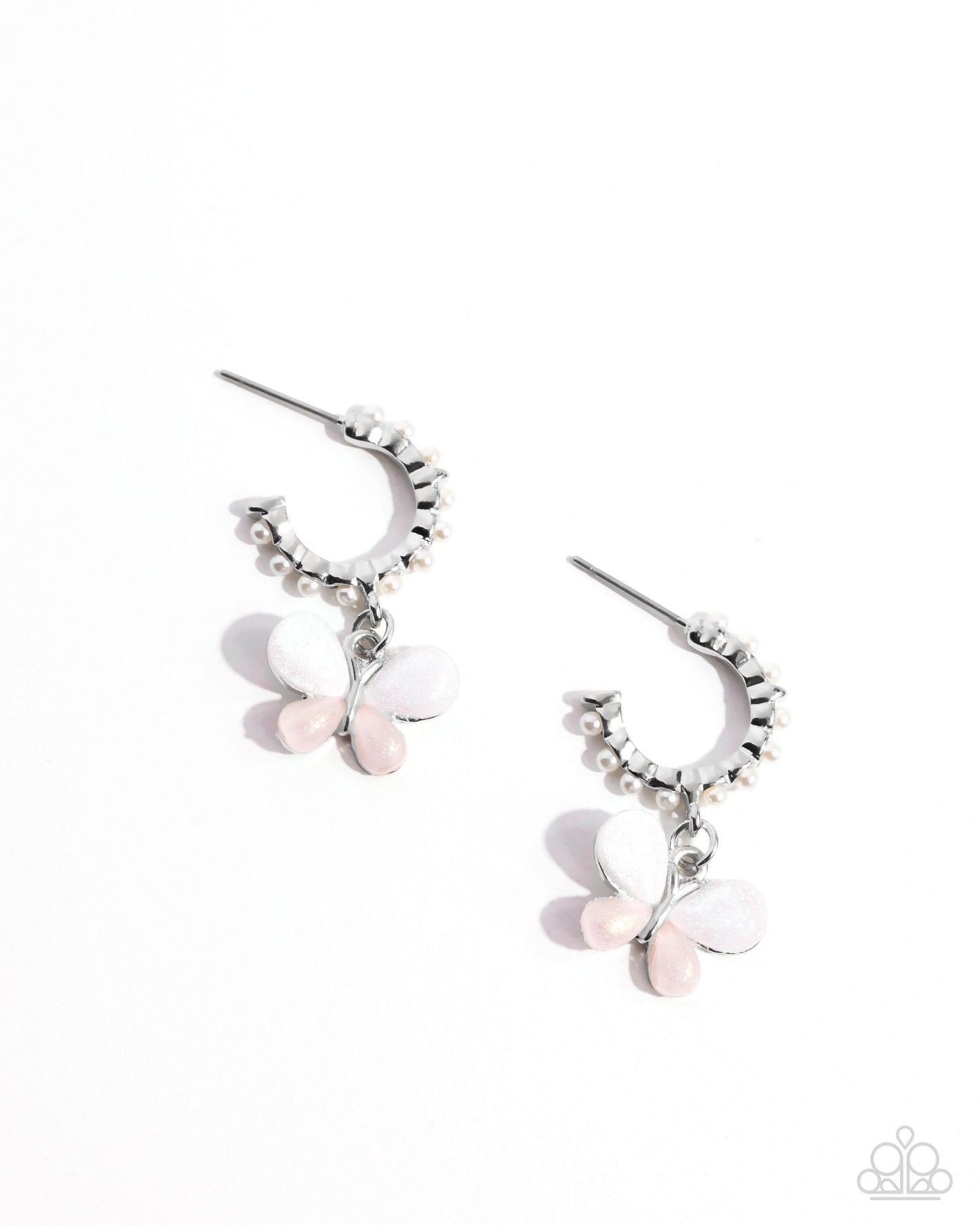 Fly to Your Heart - Pink Butterfly White Pearl Silver Hoop Earrings - Paparazzi Accessories