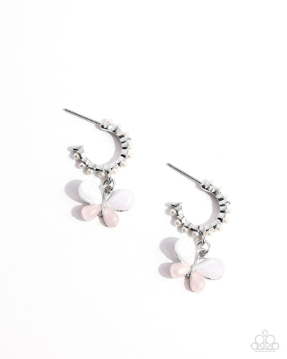 Fly to Your Heart - Pink Butterfly White Pearl Silver Hoop Earrings - Paparazzi Accessories