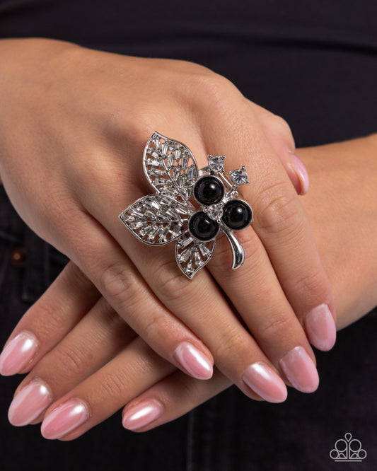 Luminescent Leaves - Black Bead White Rhinestone Silver Ring - Paparazzi Accessories