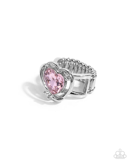 Cutie Chemistry - Pink Rhinestone Heart Silver Ring - Paparazzi Accessories