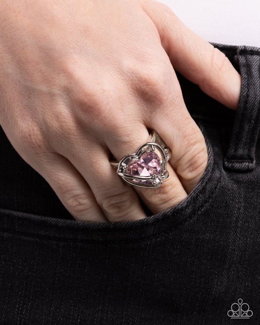 Cutie Chemistry - Pink Rhinestone Heart Silver Ring - Paparazzi Accessories