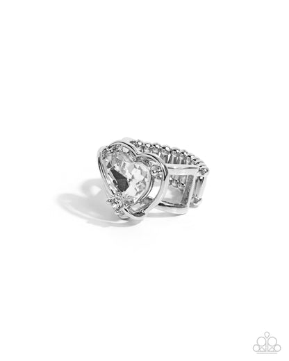 Cutie Chemistry - White Rhinestone Heart Silver Ring - Paparazzi Accessories