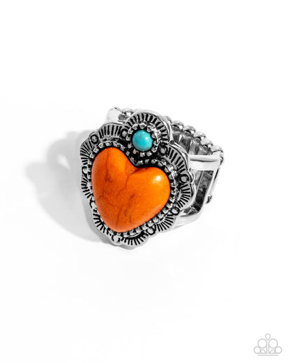 Texas Ranger - Orange Crackle Stone Heart Silver Ring - Paparazzi Accessories