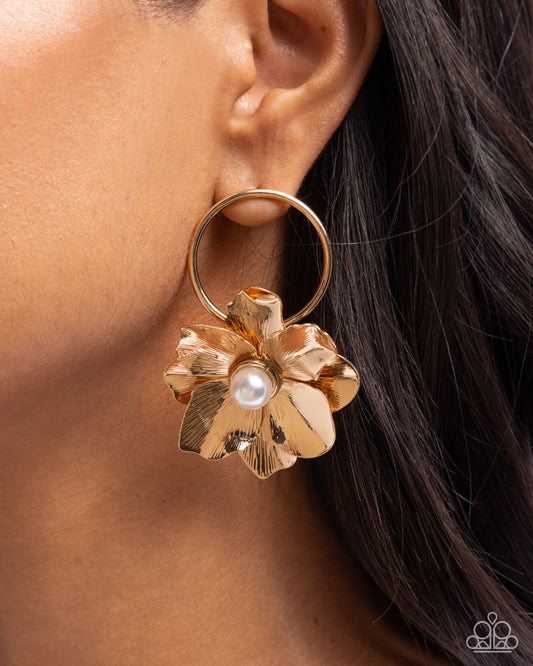 Backyard Bling - Gold Flower White Pearl Post Earrings - Paparazzi Accessories