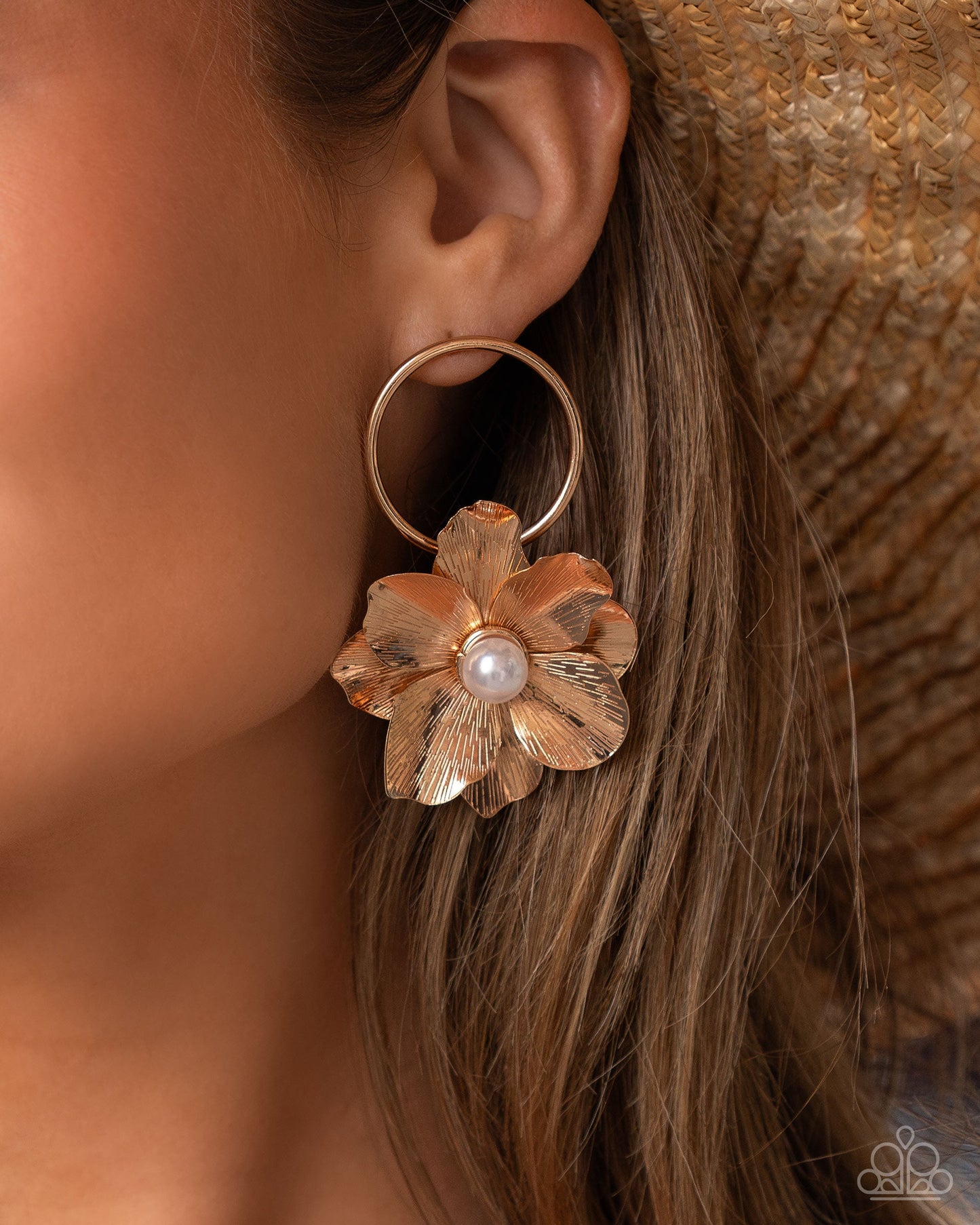 Backyard Bling - Gold Flower White Pearl Post Earrings - Paparazzi Accessories