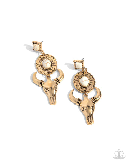 Western Week - Gold Longhorn Skull & White Crackle Stone Post Earrings - Paparazzi Accessories