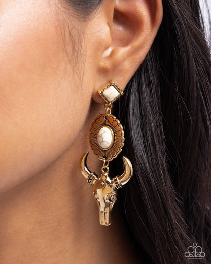 Western Week - Gold Longhorn Skull & White Crackle Stone Post Earrings - Paparazzi Accessories