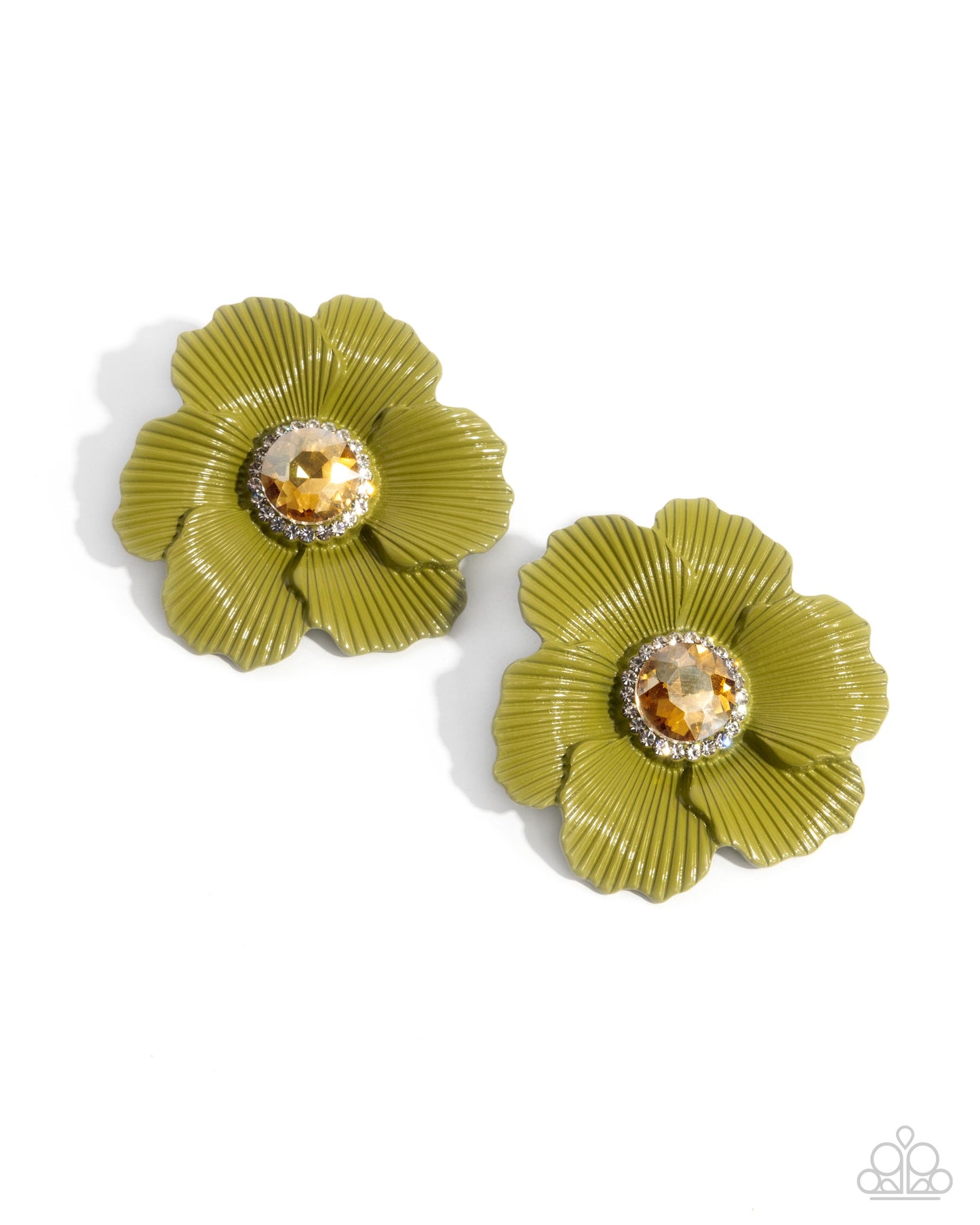 Organic Growth - Green Enamel Yellow UV Gem Flower Post Earrings - Paparazzi Accessories