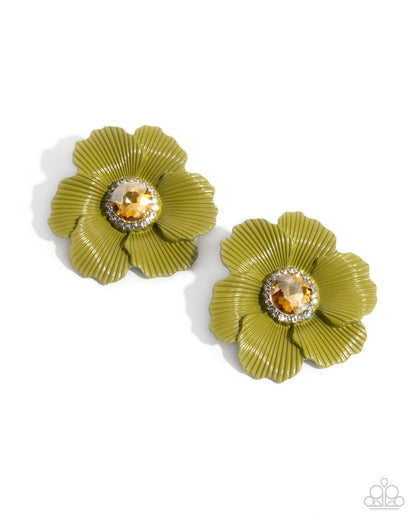 Organic Growth - Green Enamel Yellow UV Gem Flower Post Earrings - Paparazzi Accessories