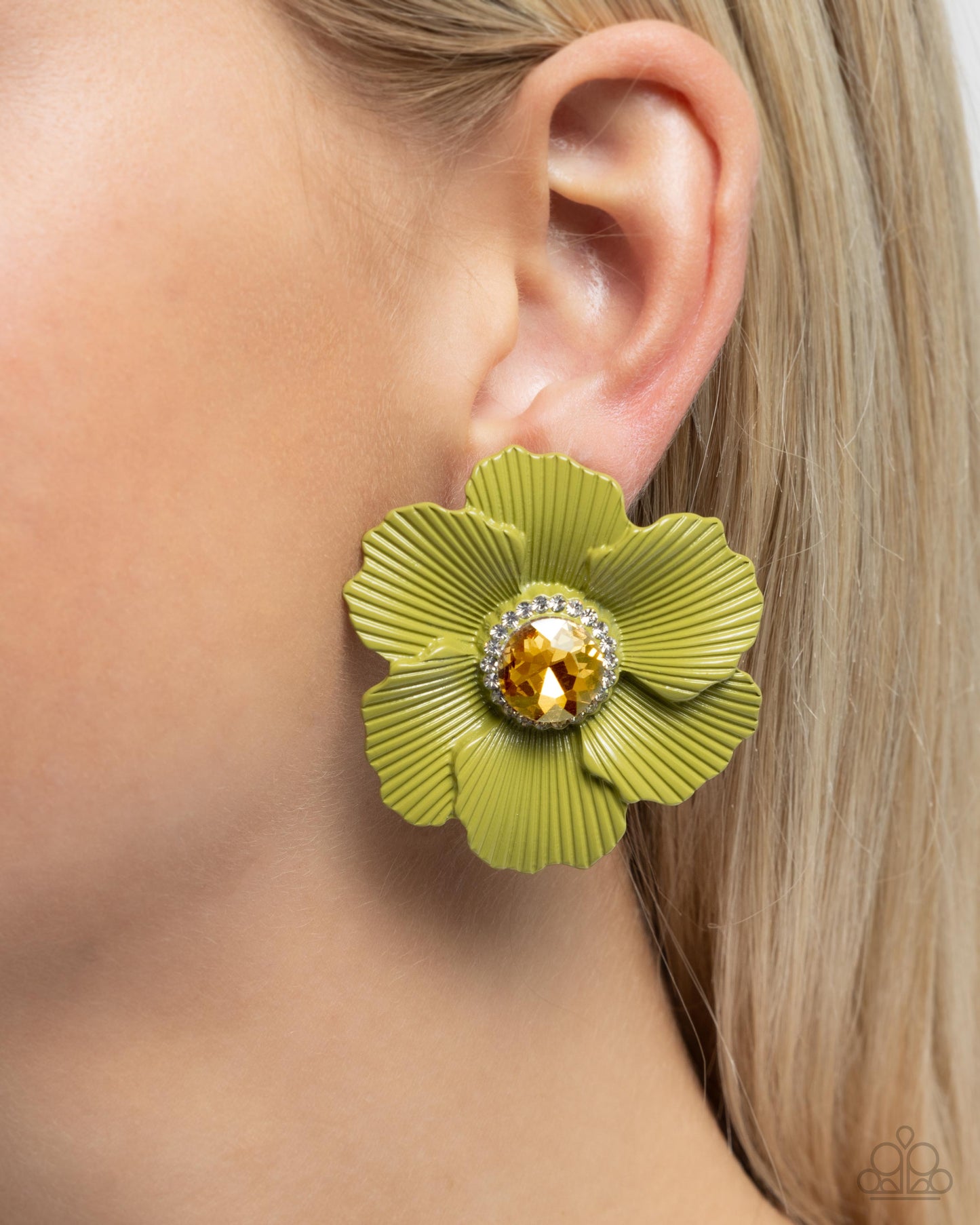 Organic Growth - Green Enamel Yellow UV Gem Flower Post Earrings - Paparazzi Accessories