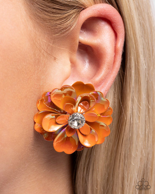 Growth Rate - Orange Metallic Flower Post Earrings - Paparazzi Accessories