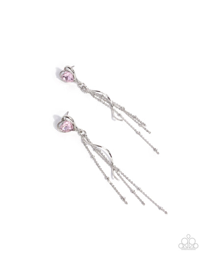 Simply Smitten - Pink Rhinestone Heart Curly Silver Post Earrings - Paparazzi Accessories