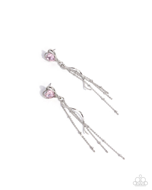 Simply Smitten - Pink Rhinestone Heart Curly Silver Post Earrings - Paparazzi Accessories