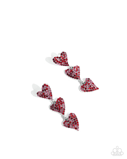 One Of The Girls - Red Rhinestone Silver Hearts Post Earrings - Paparazzi Accessories