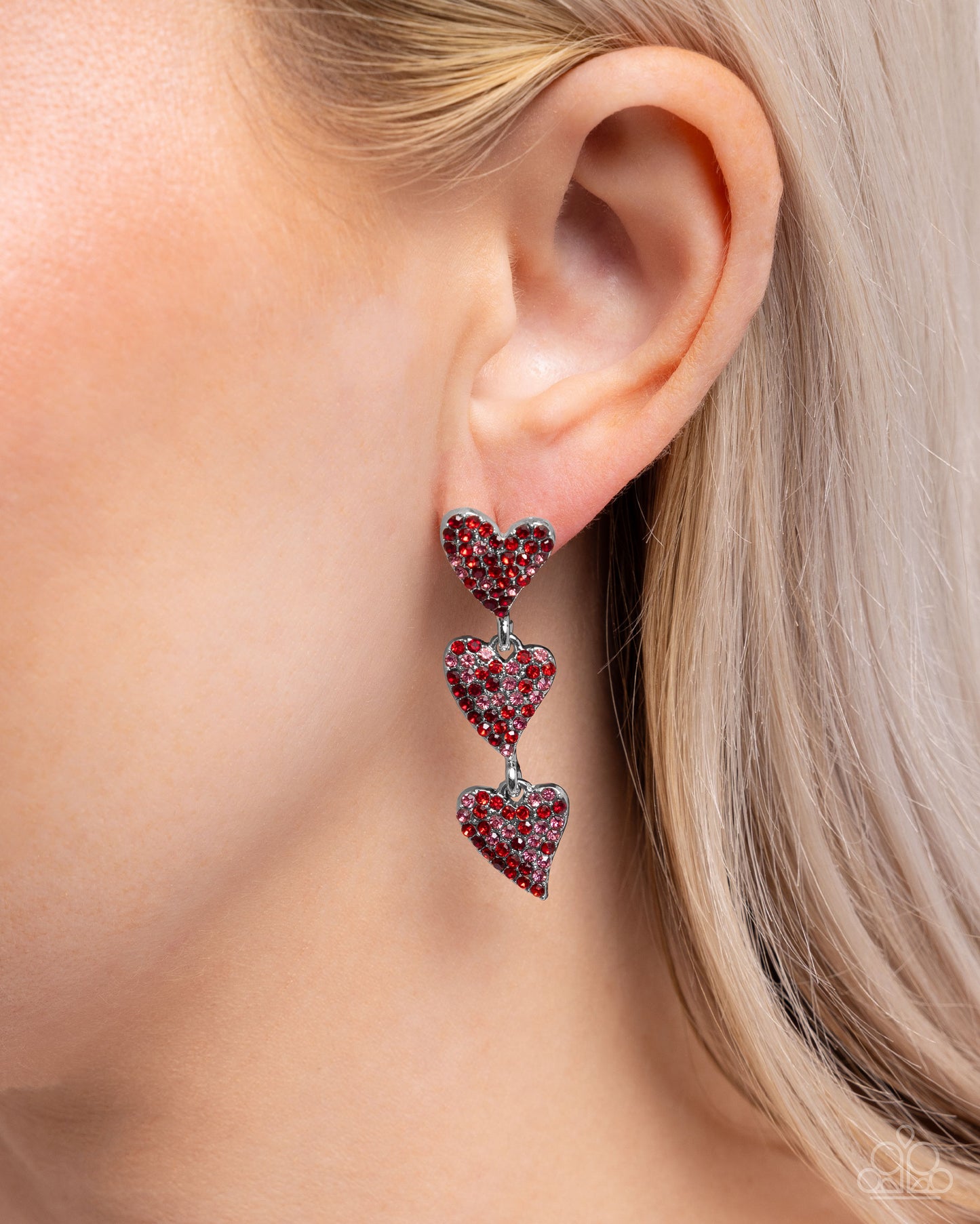One Of The Girls - Red Rhinestone Silver Hearts Post Earrings - Paparazzi Accessories