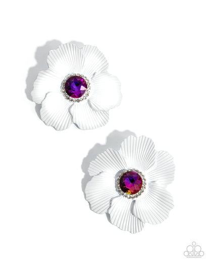 Organic Growth - White Enamel Flower Pink UV Gem Post Earrings - Paparazzi Accessories