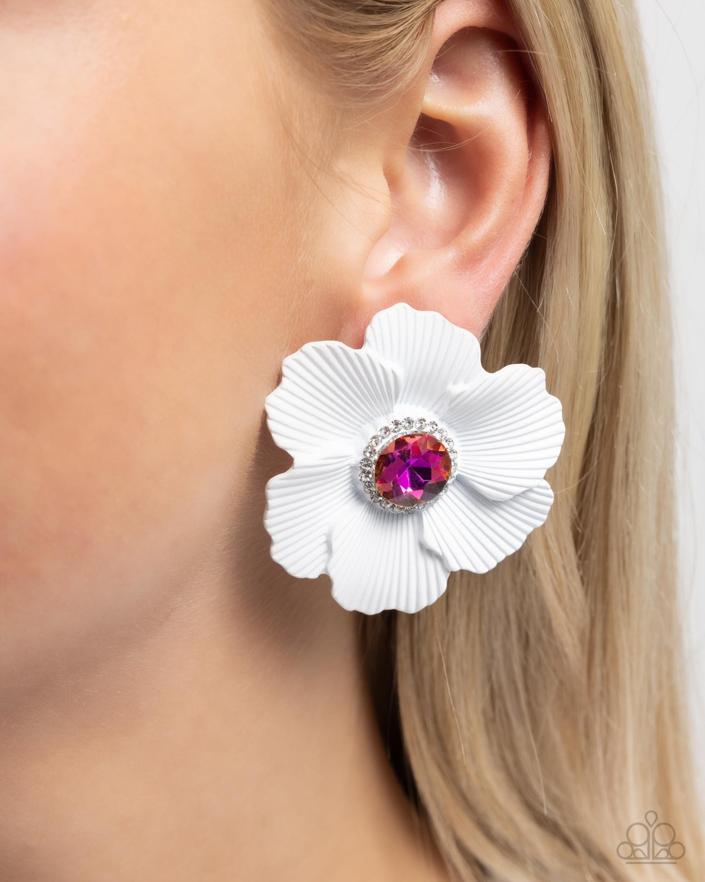 Organic Growth - White Enamel Flower Pink UV Gem Post Earrings - Paparazzi Accessories