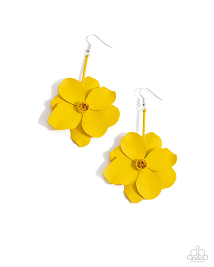 Generous Glisten - Yellow Painted Metallic Flower Fishhook Earrings - Paparazzi Accessories