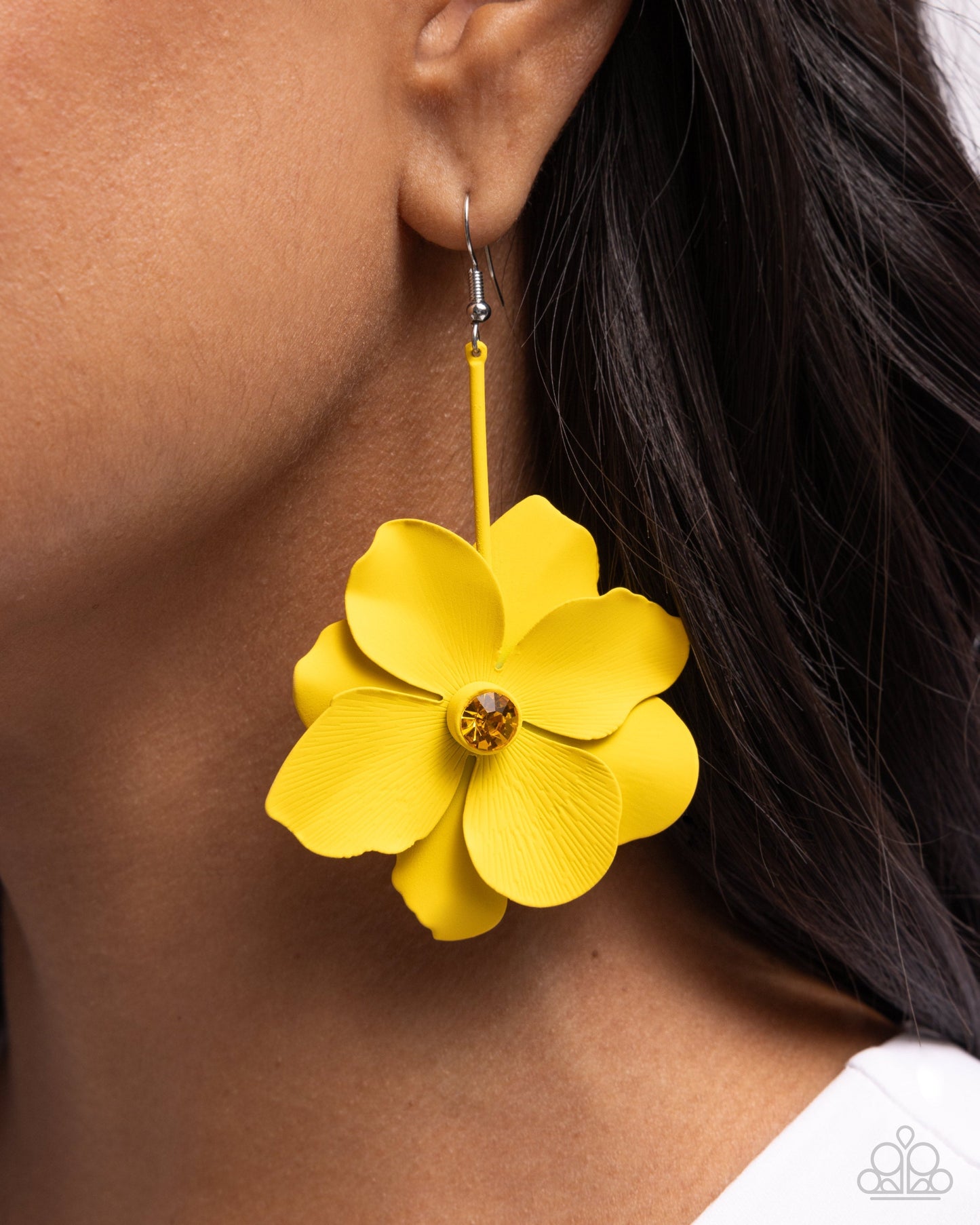 Generous Glisten - Yellow Painted Metallic Flower Fishhook Earrings - Paparazzi Accessories