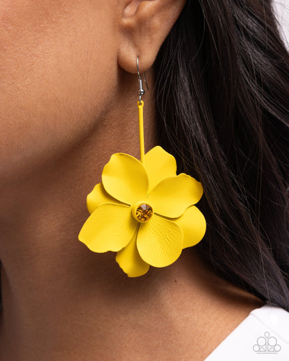 Generous Glisten - Yellow Painted Metallic Flower Fishhook Earrings - Paparazzi Accessories