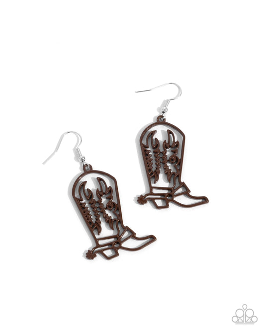 Given the Boot - Brown Dipped Metal Cowboy Boot Silver Fishhook Earrings - Paparazzi Accessories