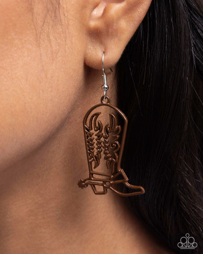 Given the Boot - Brown Dipped Metal Cowboy Boot Silver Fishhook Earrings - Paparazzi Accessories