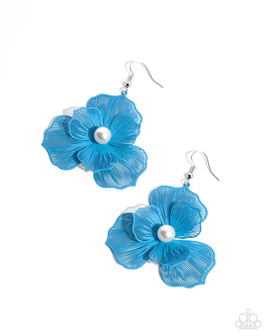 PETAL the Score - Blue Painted Metal Flower Fishhook Earrings - Paparazzi Accessories