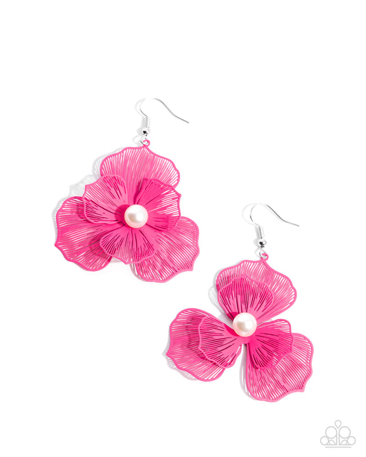 PETAL the Score - Pink Painted Metal Flower Fishhook Earrings - Paparazzi Accessories