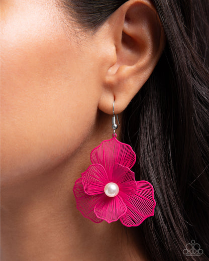 PETAL the Score - Pink Painted Metal Flower Fishhook Earrings - Paparazzi Accessories