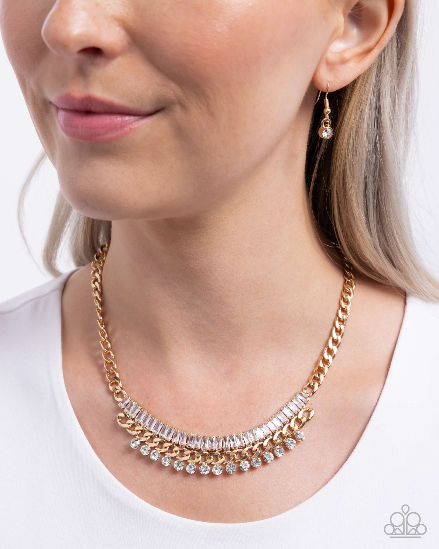Badda Boom Badda BLING - Gold Curb White Rhinestone Necklace - Paparazzi Accessories