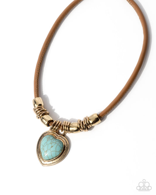 Significant Other - Blue Crackle Stone Gold Heart Pendant Brown Leather Necklace - Paparazzi Accessories