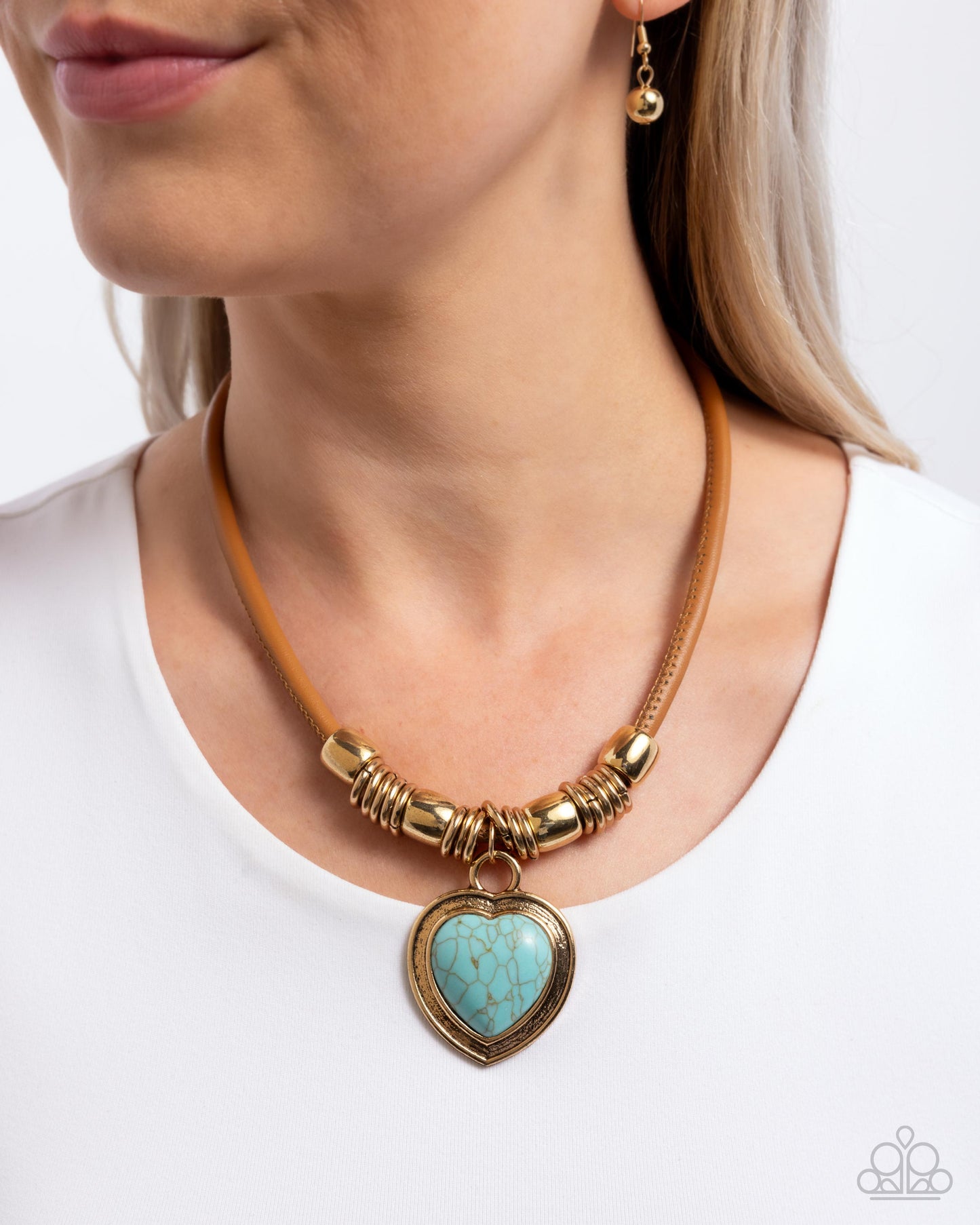 Significant Other - Blue Crackle Stone Gold Heart Pendant Brown Leather Necklace - Paparazzi Accessories
