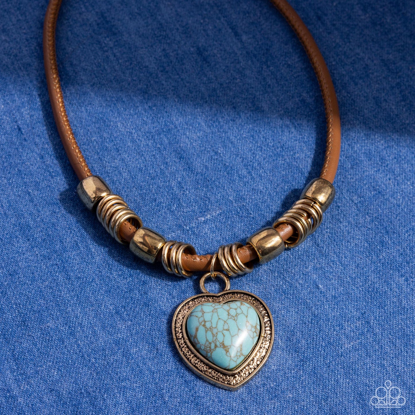 Significant Other - Blue Crackle Stone Gold Heart Pendant Brown Leather Necklace - Paparazzi Accessories
