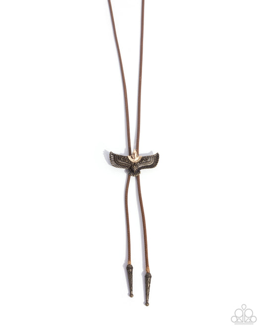 Eagle Emblem - Brown Cord Brass Eagle Bolo Necklace - Paparazzi Accessories