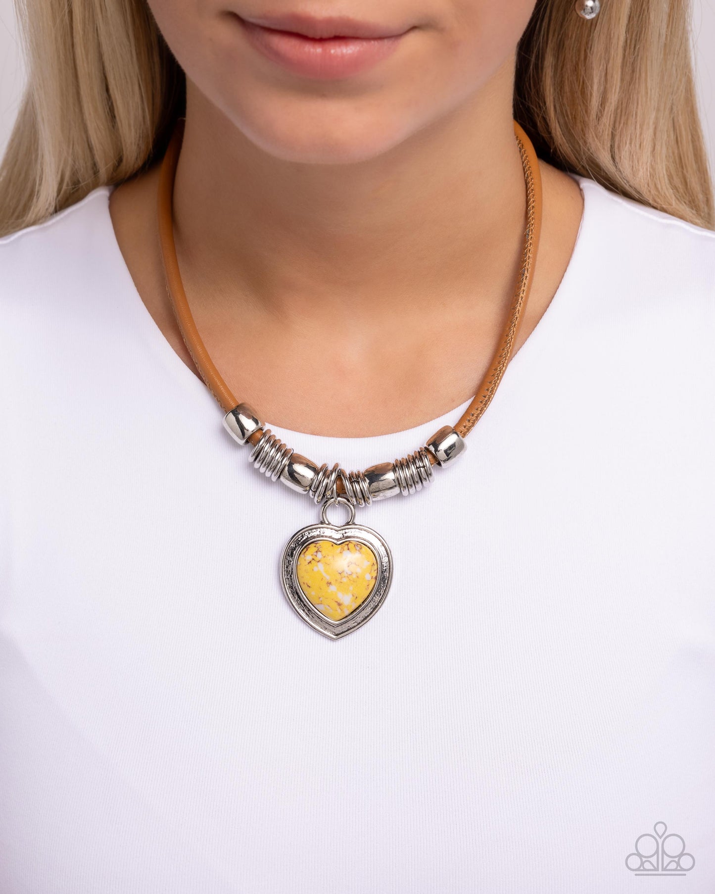 Significant Other - Yellow Crackle Stone Heart Pendant Leather Necklace - Paparazzi Accessories