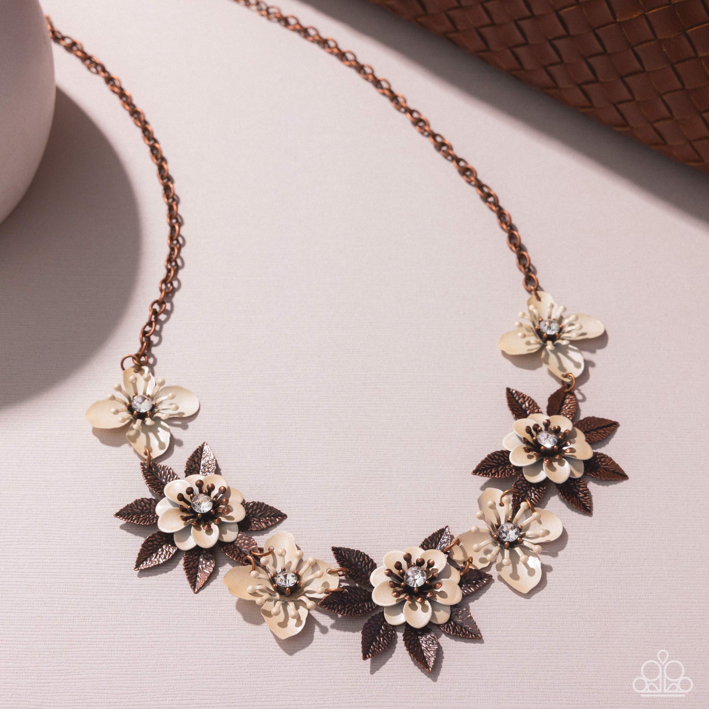 Springtime Song - Copper White Painted Flowers Necklace - Paparazzi Accessories