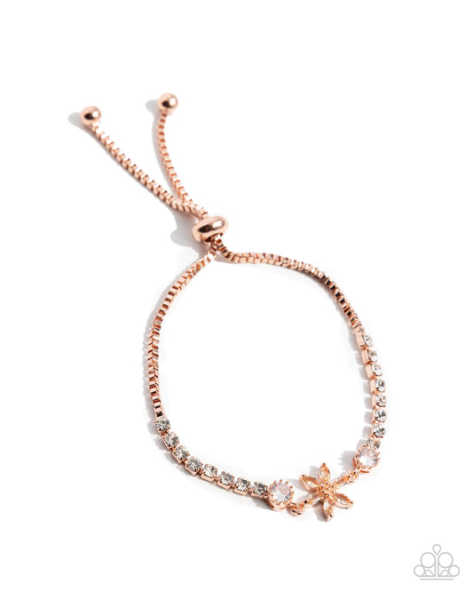 Dainty Delivery - Copper & White Rhinestone Flower Sliding Closure Bracelet - Paparazzi Accessories
