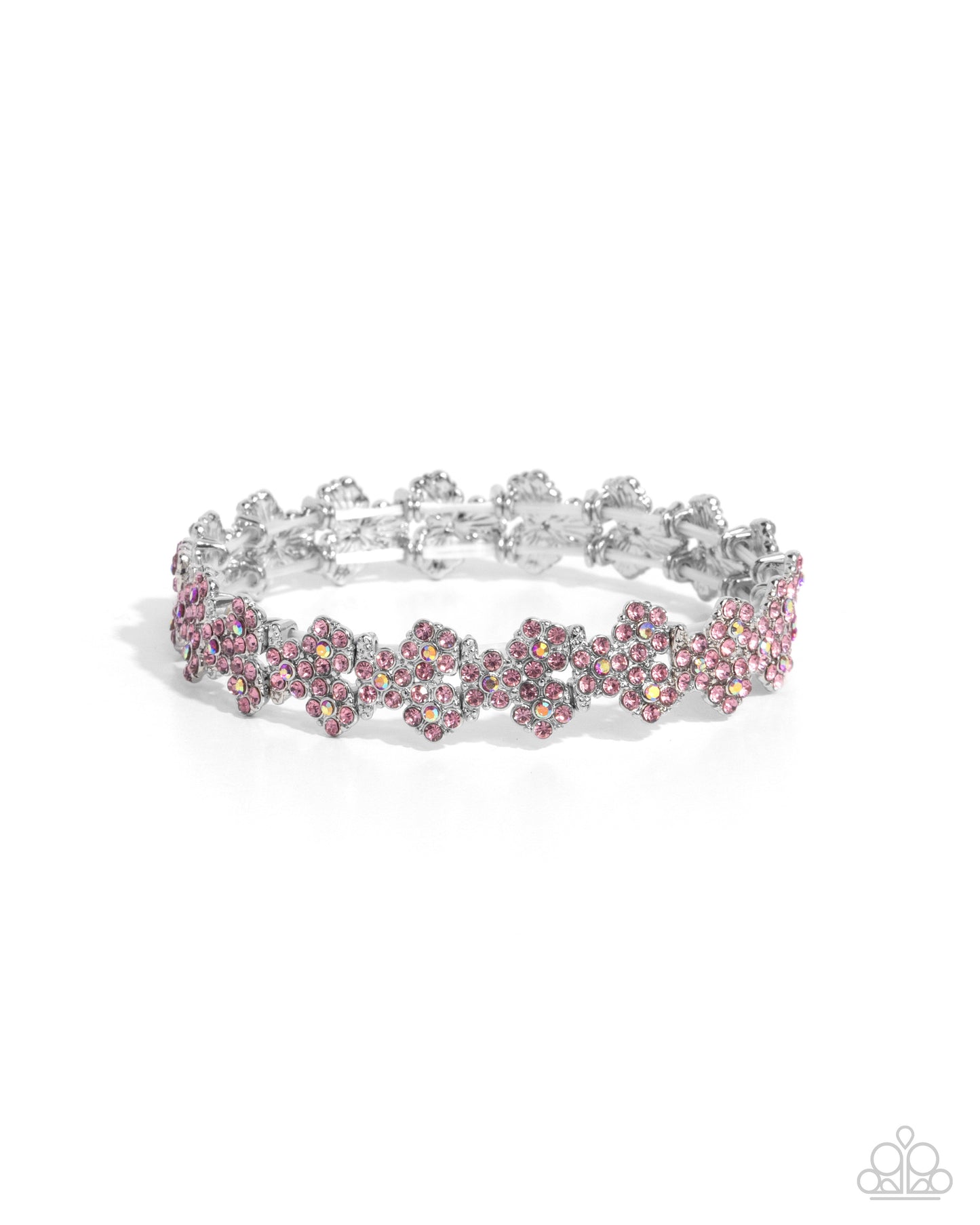 FLOWER Hungry - Pink Iridescent Rhinestone Silver Stretchy Bracelet - Paparazzi Accessories