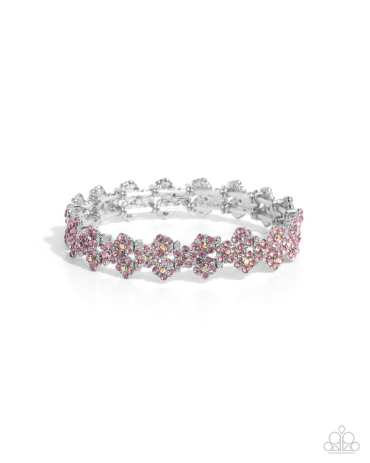 FLOWER Hungry - Pink Iridescent Rhinestone Silver Stretchy Bracelet - Paparazzi Accessories