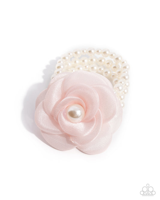 Feminine Mystique - Pink Chiffon Flower Pearl Stretchy Bracelet - Paparazzi Accessories