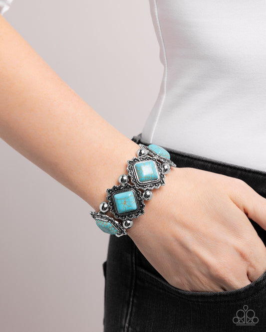Noble Nature - Blue Turquoise Crackle Stone Silver Stretchy Bracelet - Paparazzi Accessories