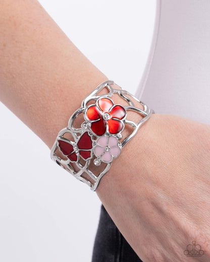 Whimsical Watercolor - Red & Pink Enamel Silver Cuff Bracelet - Paparazzi Accessories